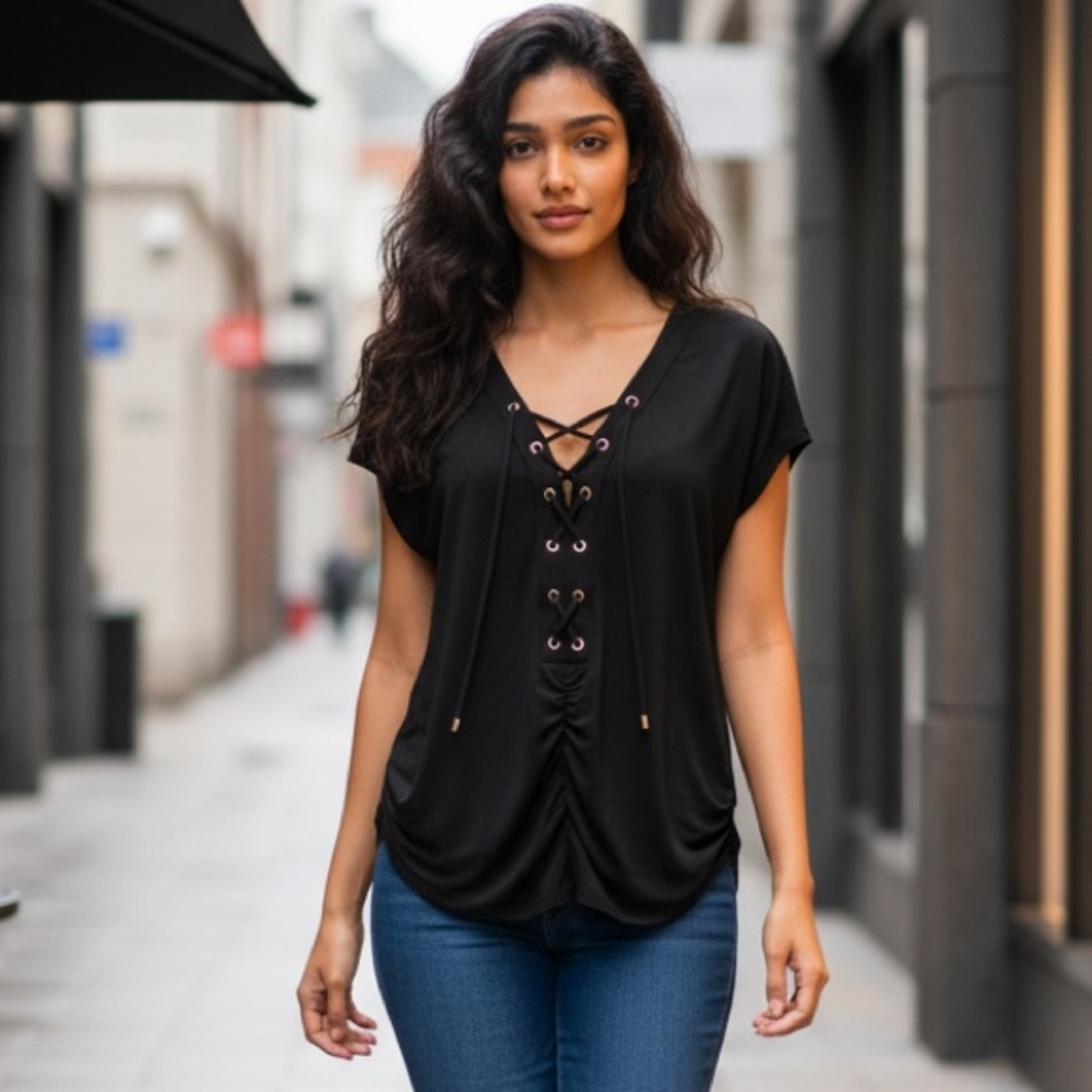 NWT INC SZ OX black lace up front top with gold accents/bust 22”-26”
